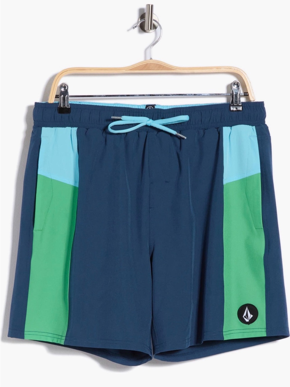 Volcom Men’s Navy Swim Trunks with Green & Light Blue Panels